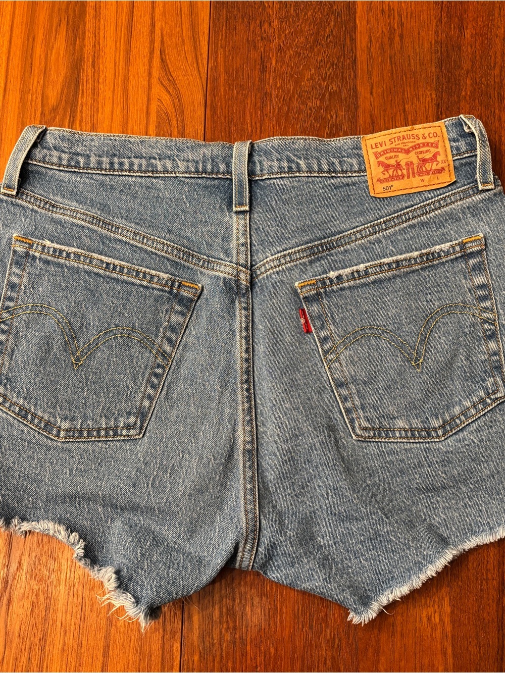 Levi's 501 cut off medium Wash Blue Denim Frayed Hem Shorts